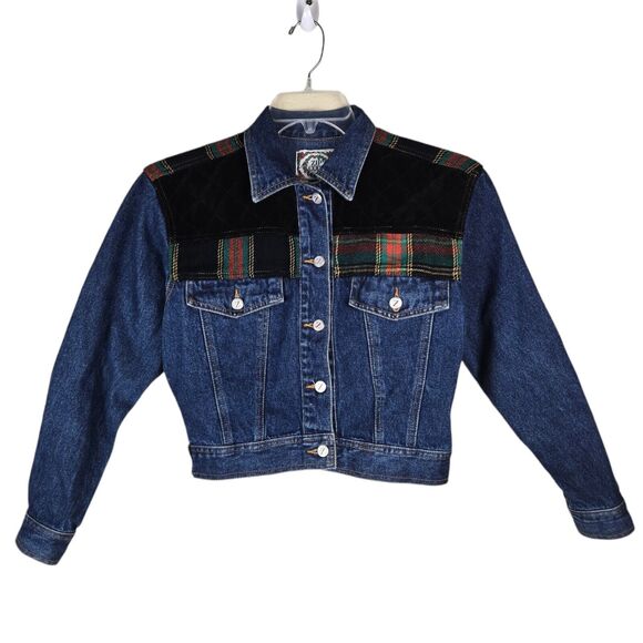 Vtg Zip Code Black Quilted Velvet Plaid Flannel Blue Crop Denim Jean Jacket Sz M - Picture 2 of 5